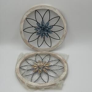 Blue Gold Flower Wall Decor Metal Wood Round Art Set of 2 1.5in NEW